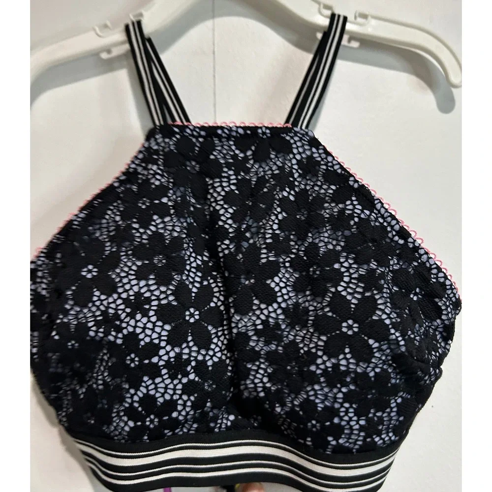 Victorias Secret Bikini‎ Top Women Small Black Floral Lace High Neck Strappy